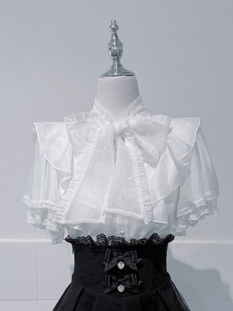 White Lace Butterfly Sleeve Blouse with Hand-tied Bow - shirohato
