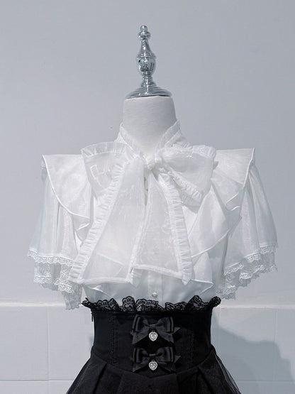 White Lace Butterfly Sleeve Blouse with Hand-tied Bow - shirohato