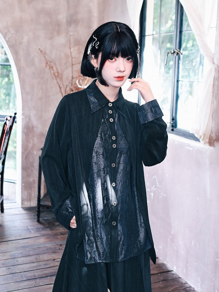 Black Collar Double-layered Shirt Gothic Snake Patchwork Print with Cheongsam