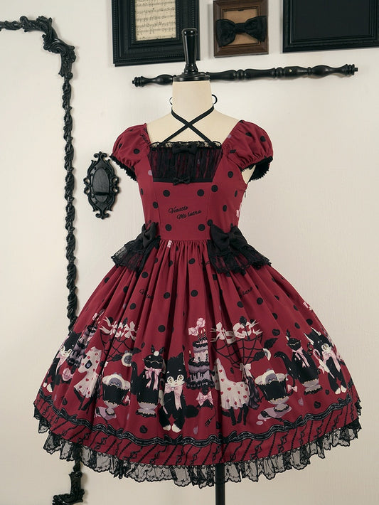 Bow Black Lolita Dot Print with Accents Cat Dress Red Polka Sweet