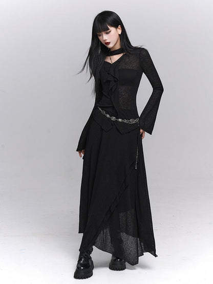 Elastic Maxi Gothic Asymmetrical Black with Waist Draping Skirt