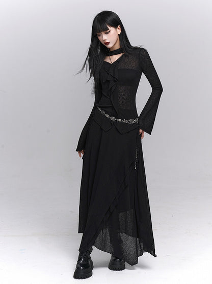 Gothic Black Maxi Skirt with Asymmetrical Draping and Elastic Waist - Lady Ghost
