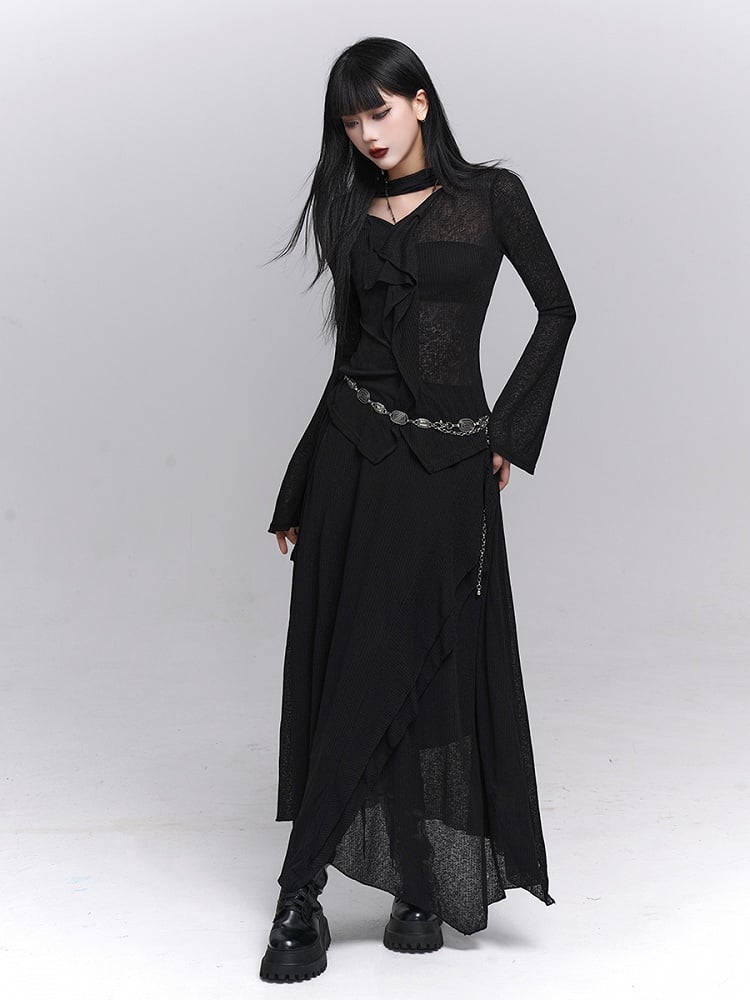with V-Neck Ruffles Gothic Neck Cascading Black Attached Top