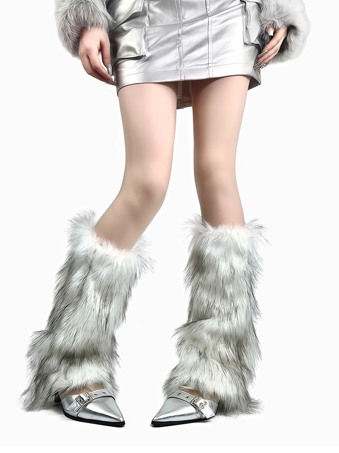 ホワイト/ブラウン Y2K シャギーレッグウォーマー