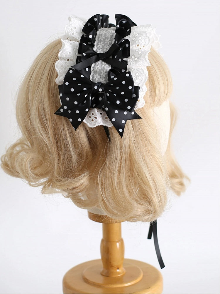 Design - Polka Ruffled Bow White Hairband Lace Black Dot Lolita