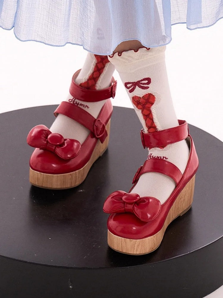 Heart - Top Bow Buckles at Red Platform PU Shoes
