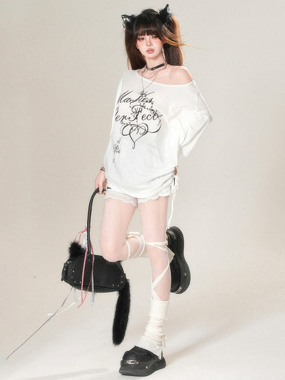 T-shirt Asymmetrical Letter Print White Glamorous Neckline