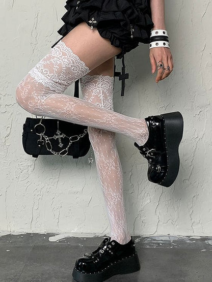 Y2K Floral Pattern Overknee Gyaru Lace Fashion Trim White Stockings