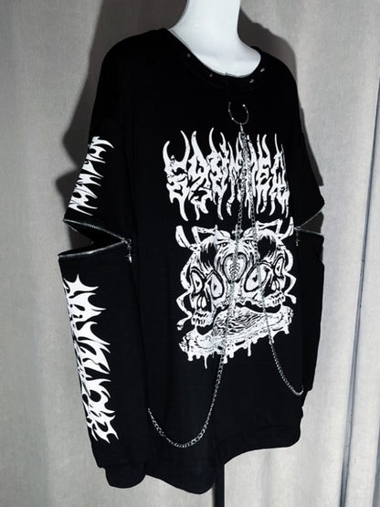 Chain-Embellished Gothic Neckline Black Sweatshirt Sleeves Studded Pullover with Zipper