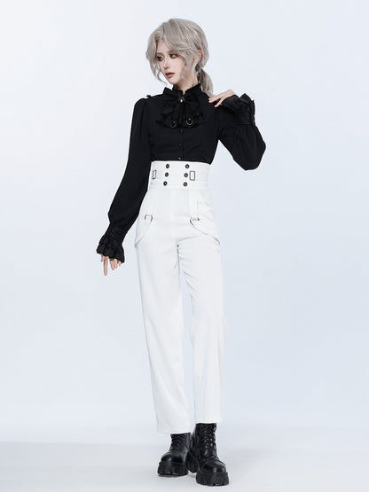 High-Rise White Ouji Pants with Buttons and Buckles - DevilInspired Exclusive Collection