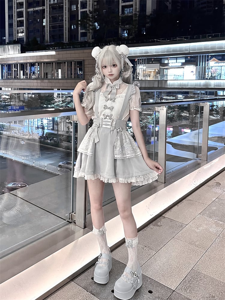 Gray Bowknot White Lace Calf Socks Kei Jirai