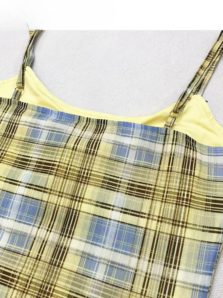 Y2K Cami Plaid Hem Asymmetrical Yellow Glamorous Dress Pattern