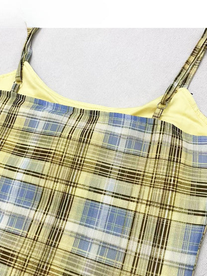 Y2K Cami Plaid Hem Asymmetrical Yellow Glamorous Dress Pattern
