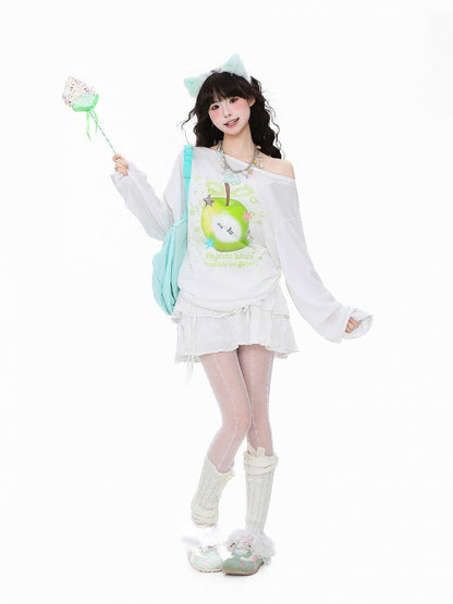 Green/White Breathable Long-Sleeve Top with Green Apple Print