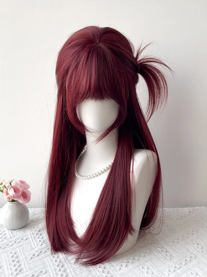 Full Long 65CM Straight with Bangs Burgundy Wig