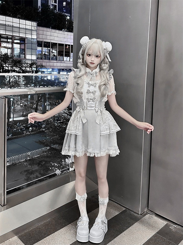 Ruffled Lace Trim Flutter Sleeves Kei Embellished Gray Bowknots Jirai Overalls