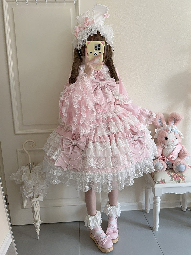 Decoration Tiered Lolita Chain Skirt Hanayome Bead Bows Big Pink Dress