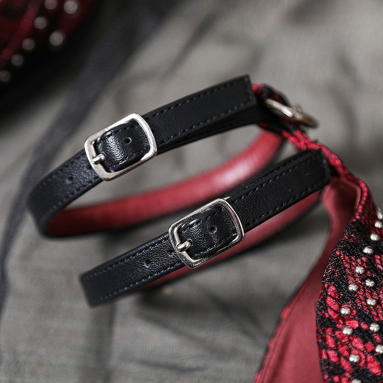 Studded Details Pointed - Cross Lacing Toe High Heels Accents with Gothic Red