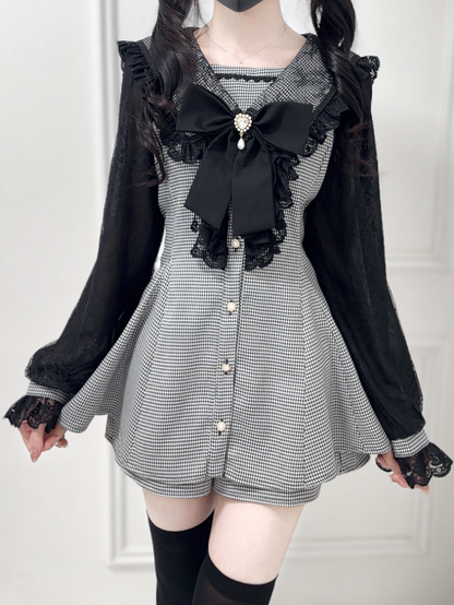 Kei Mesh Set: Jirai Sailor Houndstooth Black Mini Dress Sleeves