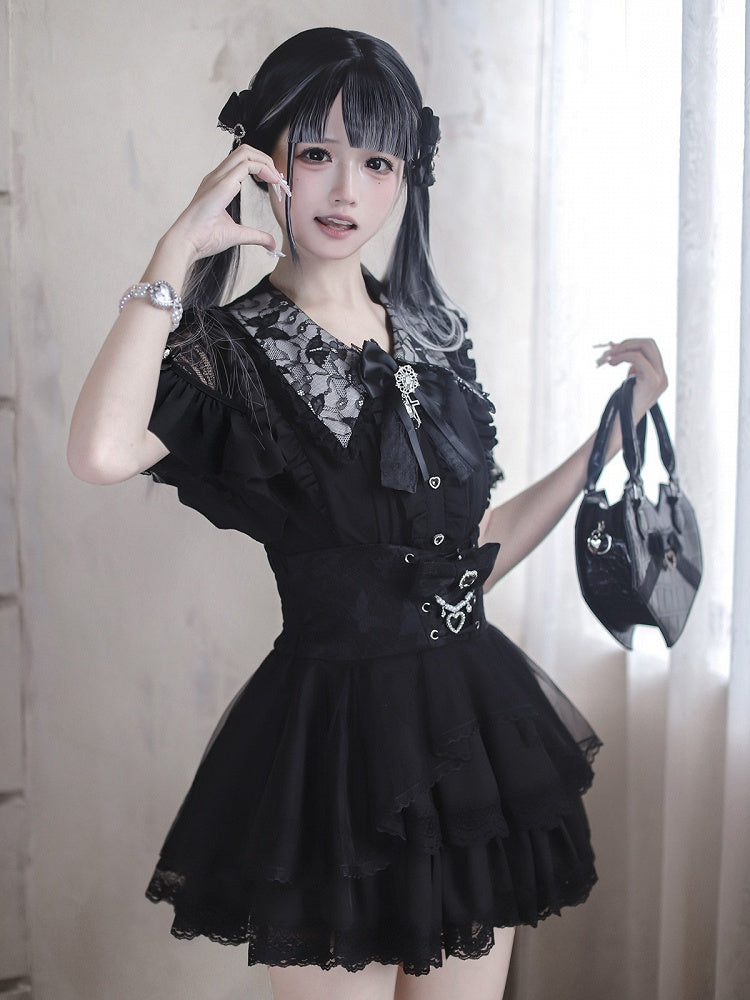 Jirai Kei Black Lace Cutout Shoulder Short Sleeve Blouse with Ruffle Details - Ekomi
