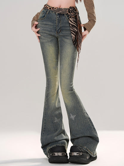 Jeans Strass Schmetterlinge Waschung Verziert Blau Verblasst Fischschwanz Denim