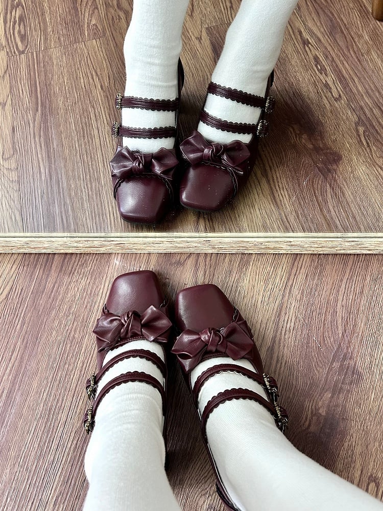Red Wine Sweet Lolita Shoes at Bow Top