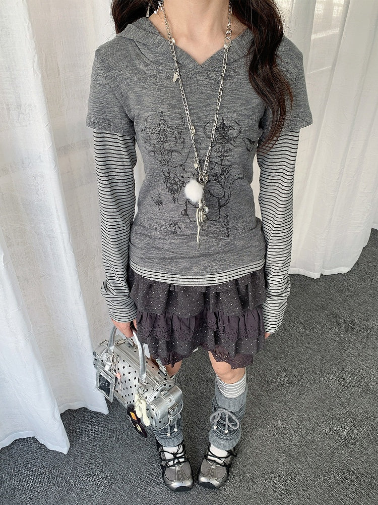 Top Print Y2K Cat Gray Bunny Patchwork Hooded Striped with Two-piece