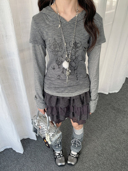 Top Print Y2K Cat Gray Bunny Patchwork Hooded Striped with Two-piece