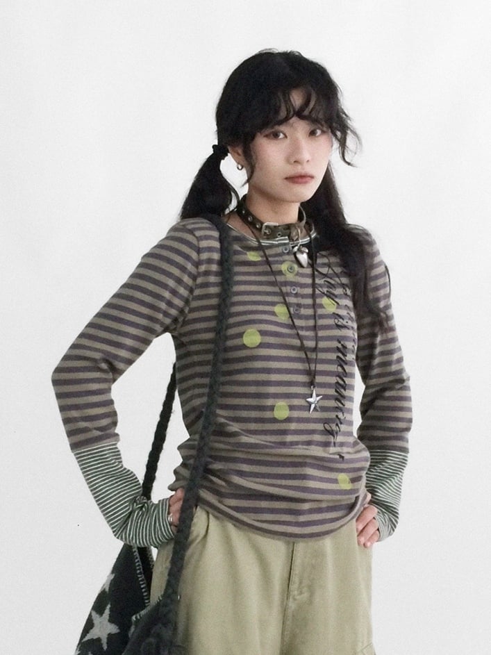 Design - Neck Sleeve Round Long Top Green Bittersweet Patchwork