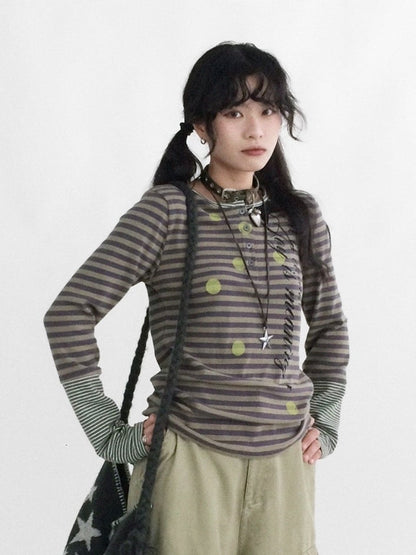 Design - Neck Sleeve Round Long Top Green Bittersweet Patchwork