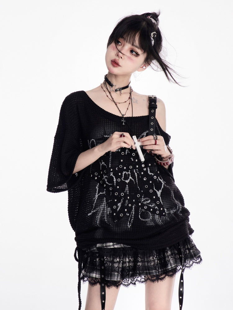 Y2K Schwarzes, asymmetrisches T-Shirt mit Sternträgern und Bittersüß