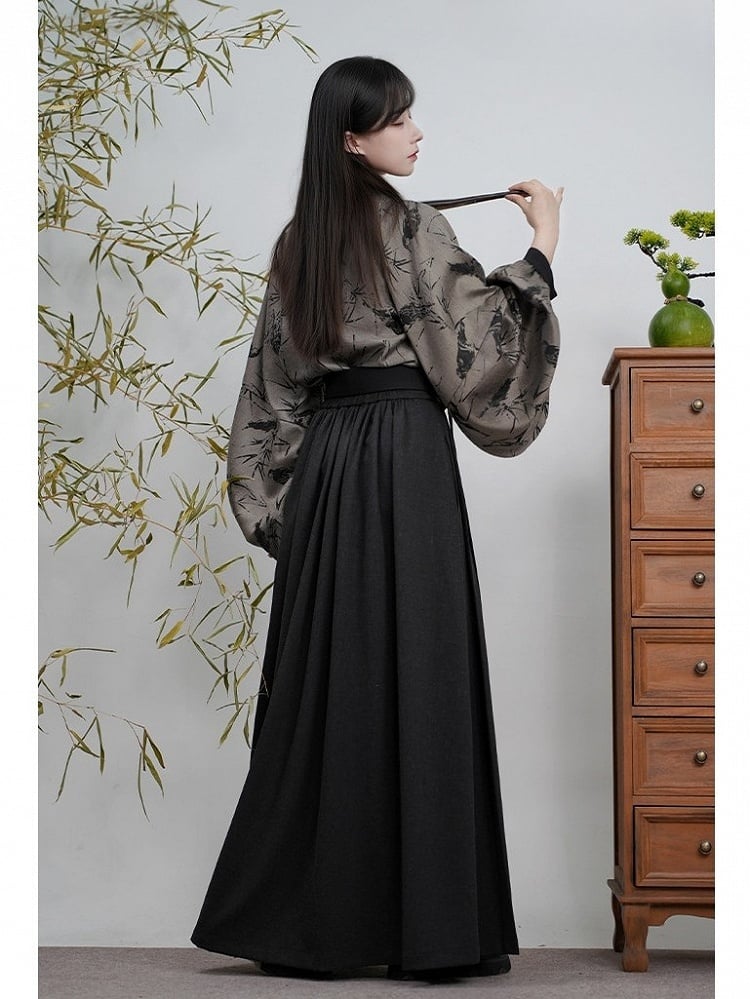 Banded Unisex with Blouse Sleeves Bamboo Pipa Grey Print Style Chinese Collar -