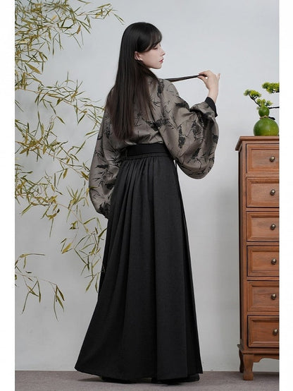 Banded Unisex with Blouse Sleeves Bamboo Pipa Grey Print Style Chinese Collar -