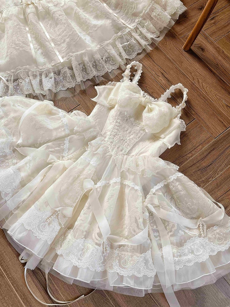 Kleid Prinzessin Lolita Weiß Taille auf und Band Schleifen Perlen Baskenrock Creme