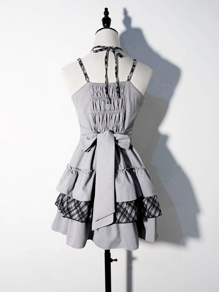 Gray Jirai-kei Plaid Halter Tiered Ruffle Dress with Black Knit Cardigan Set - GingaU