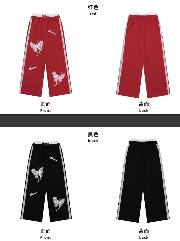 Schwarz/Rote Spitze Schmetterlinge Gerade Bein Schnitt Hose Spitze Trim