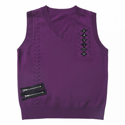 春のニットベスト ジッパーディテール スタイル パープル Vネック プレッピー