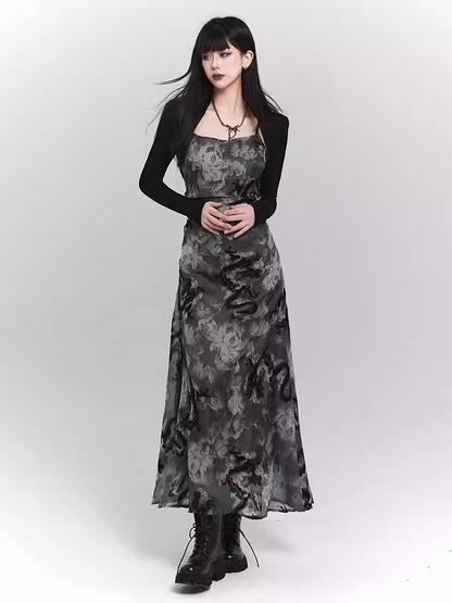 Black and Gray Dragon Print Backless/Covered-Back Slip Dress