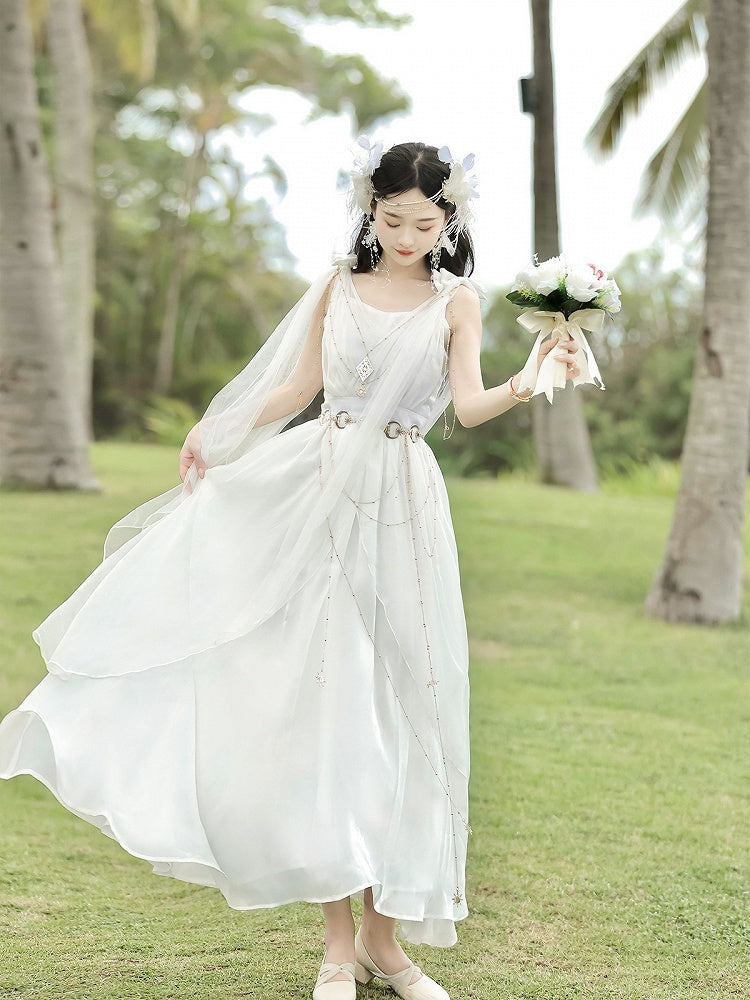 White Greek-inspired Lolita Flowing Bow Shoulders Maxi Dress with Gold Chains - Xiong Dou Jiang
