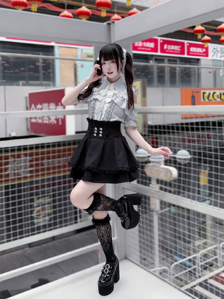 Black Kei Jirai Skirt Tiered Waist High