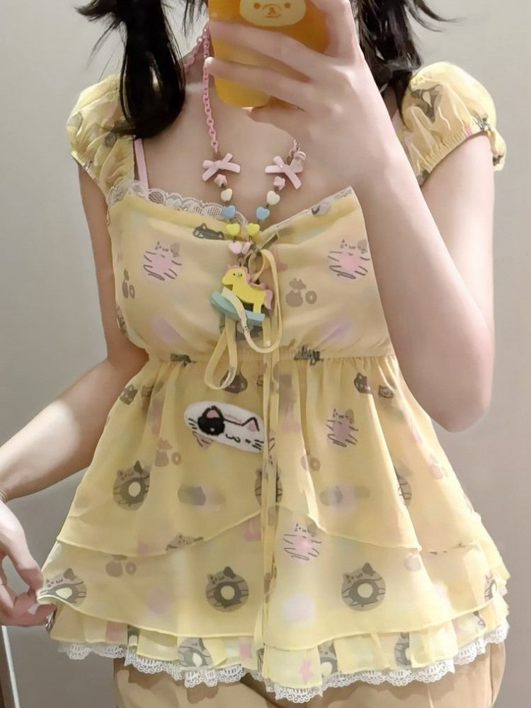 Sleeve Lace Short Cat Yellow with Accents Print Top Kawaii