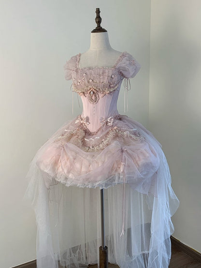 Ärmel Lagen-Outfit Top Korsett Balletcore Rüschen Rosa Stäbchen Puff Prinzessin Lolita + Rock BE006