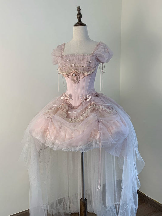 Ärmel Lagen-Outfit Top Korsett Balletcore Rüschen Rosa Stäbchen Puff Prinzessin Lolita + Rock BE006
