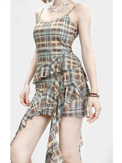 Cami Pattern Y2K Blue Asymmetrical Hem Plaid Glamorous Dress