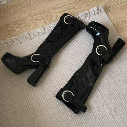 Polished - Toe Square Buckles Boots Black Zipper Inner Decorative with Knee-Length Platform