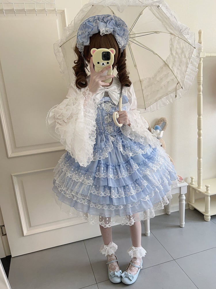 JSK Bow Sweet Fresh Blue Lace Princess with Dress Multi-Layer Details Trim Bead