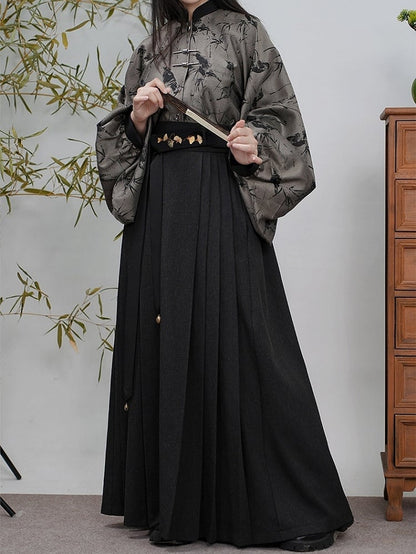 Pleated Style Detail Skirt Chinese with Waistband Elastic Black
