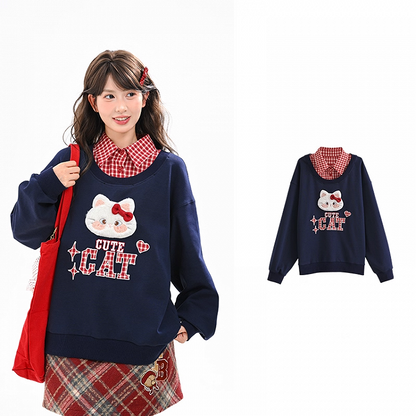 Sweatshirt with Detachable Red Applique Navy Kitty Embroidery Blue Collar Plaid