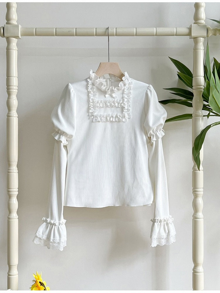 Long Sleeve Lolita Knit Top in White with Stand Collar & Ruffle Detail - With PUJI