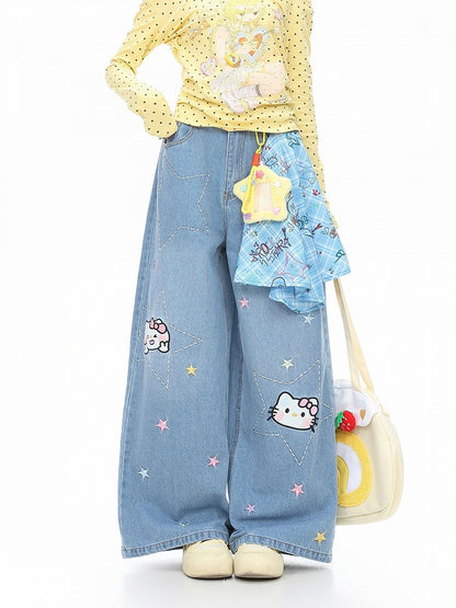 Kawaii Blue Star Jeans with Kitty Embroidery and Plaid Bandana Accent - Languid Park